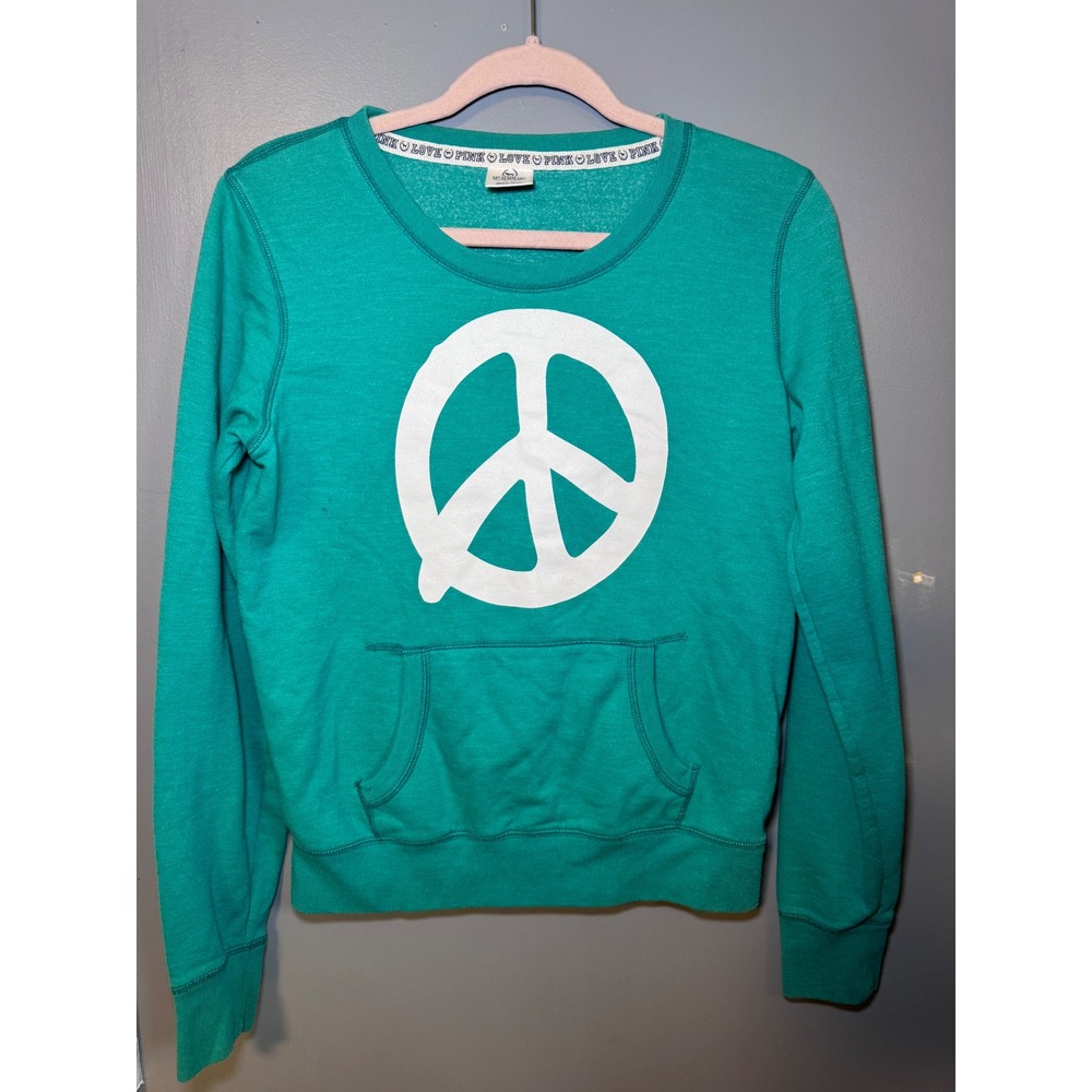 Victoria's Secret PINK Teal Peace Sign Graphic Sweatshirt Crew Neck Medium